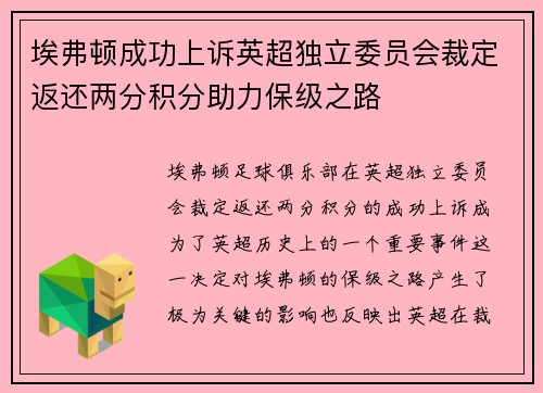 埃弗顿成功上诉英超独立委员会裁定返还两分积分助力保级之路 埃弗顿成功上诉英超独立委员会裁定返还两分积分助力保级之路